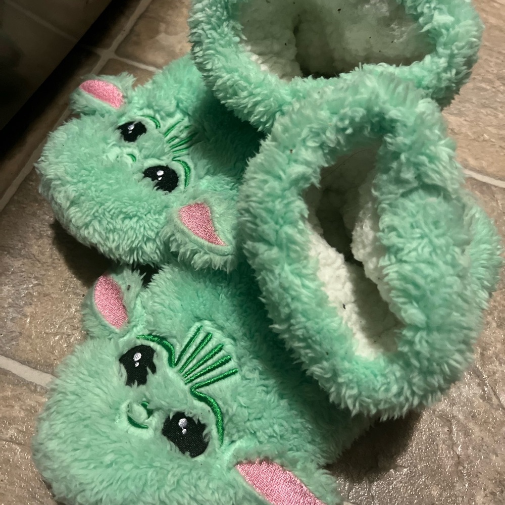 Kids Fuzzy Green Animal Slippers